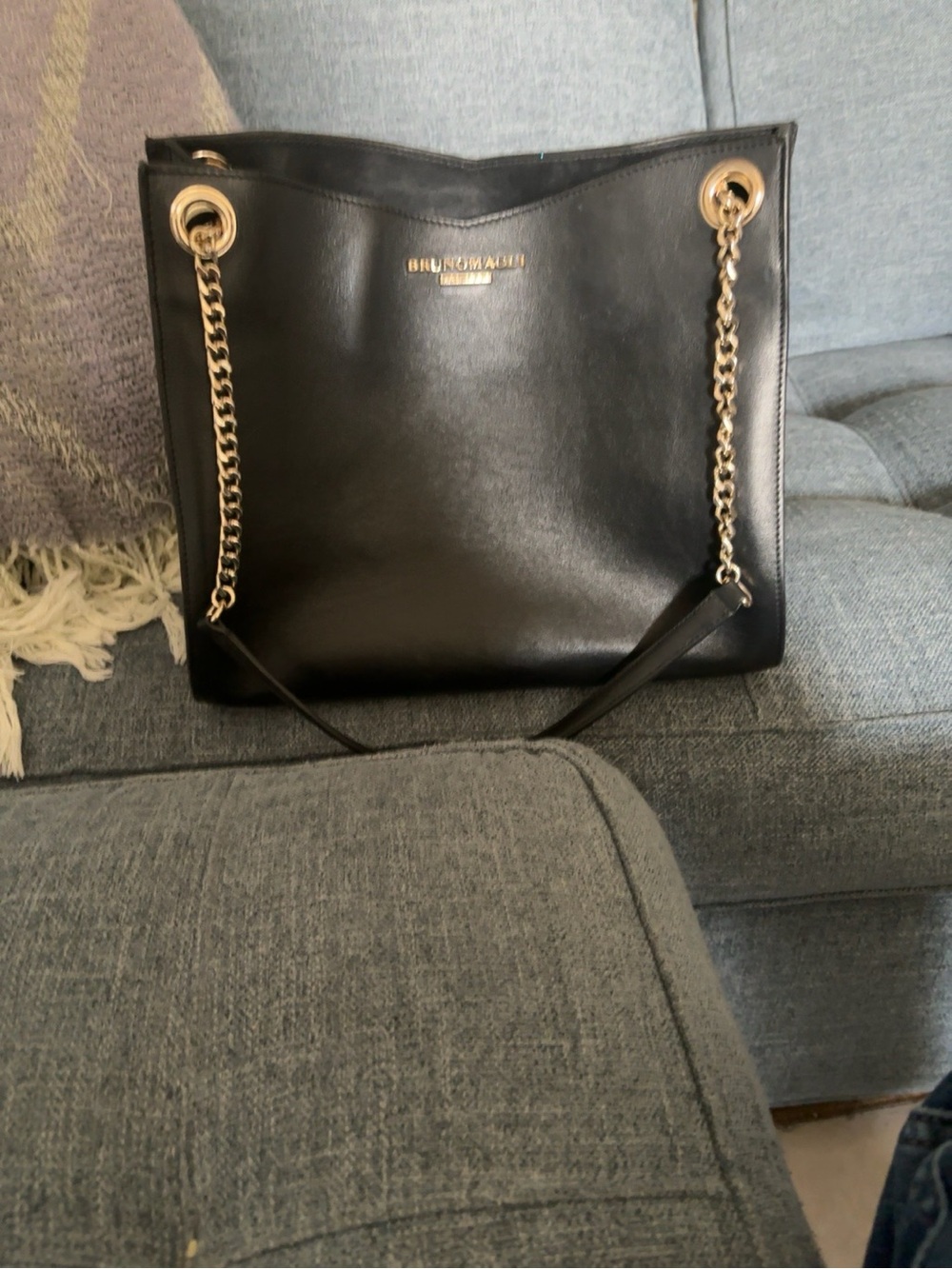 Bruno Magli Large Black Leather Tote with Gold Chain Straps Made in Italy